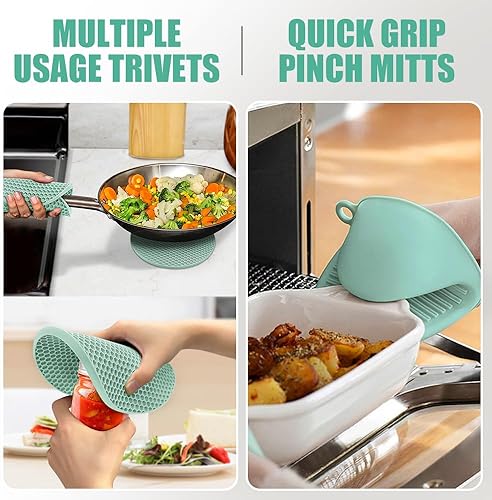 Miniatura 3 de Rorecay Juego de manoplas de horno extralargas y soportes para ollas manoplas de horno de silicona resistentes al calor con mini guantes de horno,