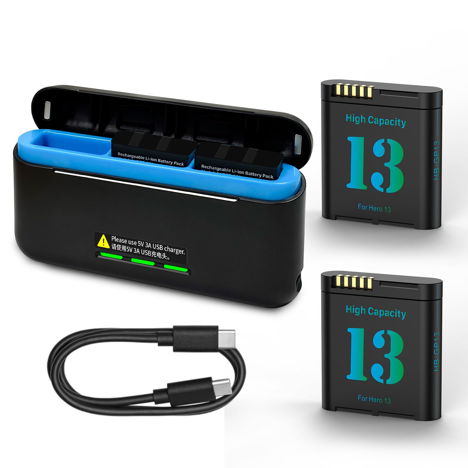 Lot de 2 batteries Hero 13 de 2800 mAh avec chargeur, batterie améliorée 2026 à grande portée pour caméras rechargeables GoPro Hero 13 Black Enduro de type C