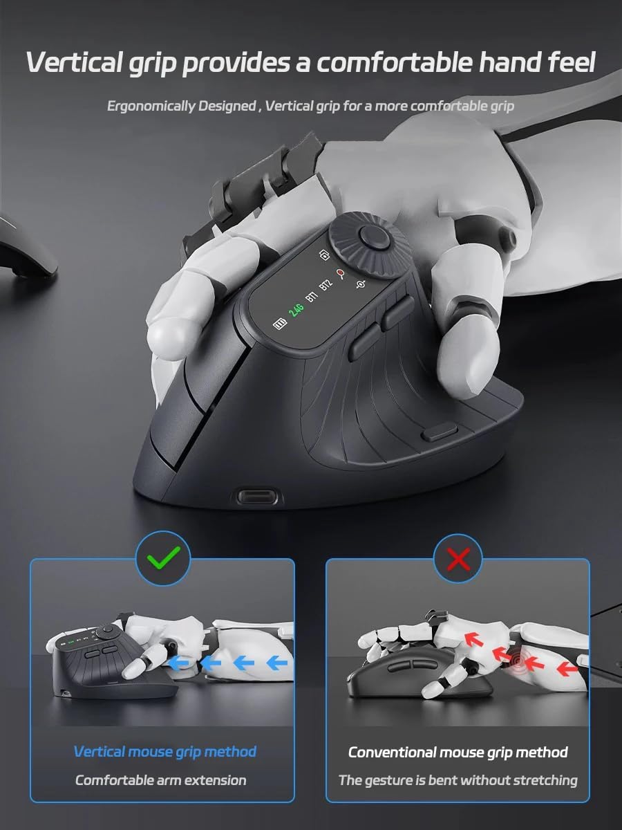 JOMAA Wireless 2.4G & Dual Bluetooth tre canali mouse verticale ergonomico DPI regolabile, giradischi multifunzione per PC, laptop, MacBook, ricaricabile (nero)