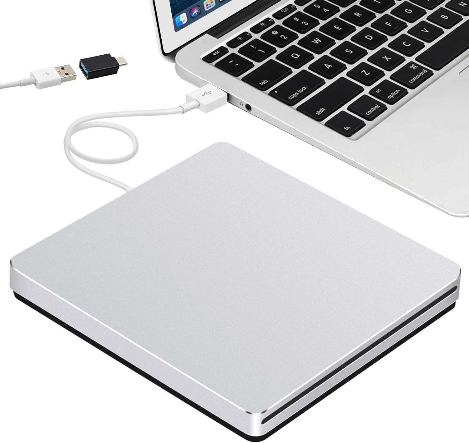 Guamar External CD Drive for Mac: USB 3.0 Superdrive for Apple MacBook - Slim & Portable Slot-in DVD Burner for Laptop PC Windows with USB-C Adapter - Plug & Play Aluminum (Silver)