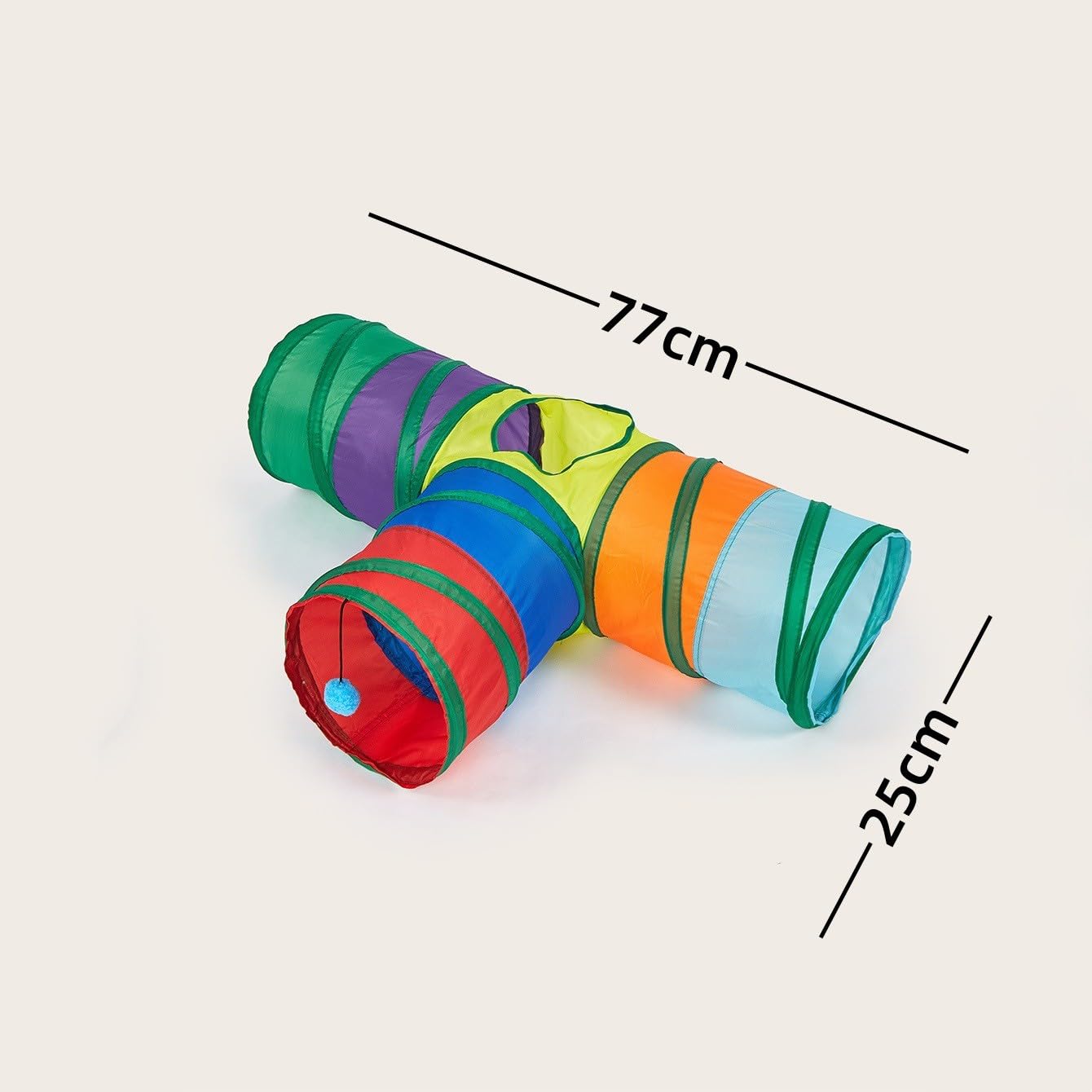 Giocattolo per gatti arcobaleno, tunnel pieghevole per gatti, multicolore a righe con accenti verdi, giocattolo interattivo per animali domestici