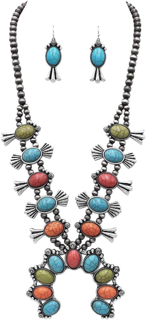 Rosemarie & Jubalee Cowgirl Chic Western Necklaces for Women with Semi-Precious Howlite Stone & Earrings - Squash Blossom Necklace & Earrings Set for Special Occasions & Everyday Wear