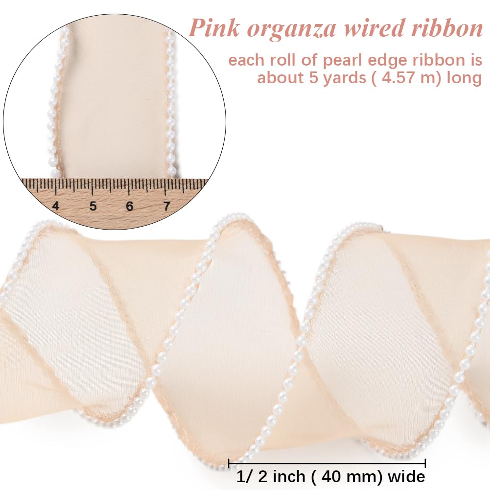 CABODYALS 4.57M 40mm Brown Wired Sheer Ribbon Faux Pearl Edged Organza Trim Smooth Fishtail Yarn Mesh Chiffon Lace Ribbons with Spool for Sewing Making Craft Flower Bouquet Invitions DIY Cake Decor - Image 2