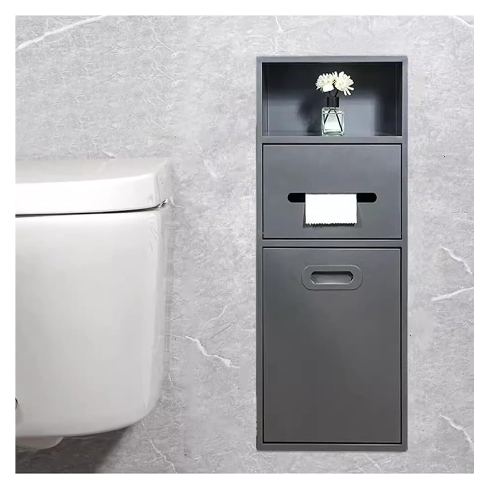 Flush-Mounted Toilet Paper Holder， Stainless Steel Niche With TP Holder And Trash Can(Grey,7.8x26x5.5in)