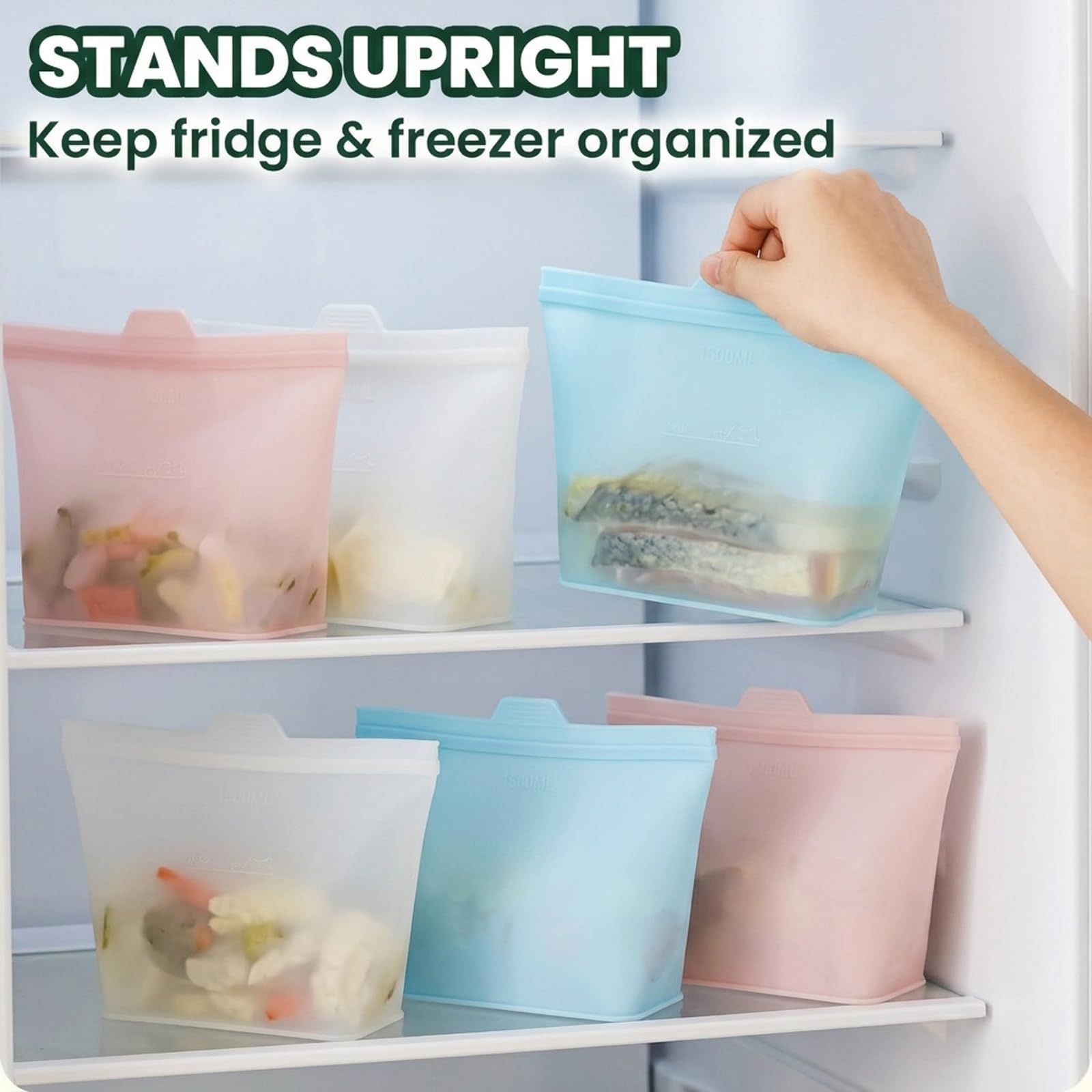 Sacchetti per alimenti in silicone, 3 pezzi, riutilizzabili, per microonde e congelatore, comodi da usare, design ecologico