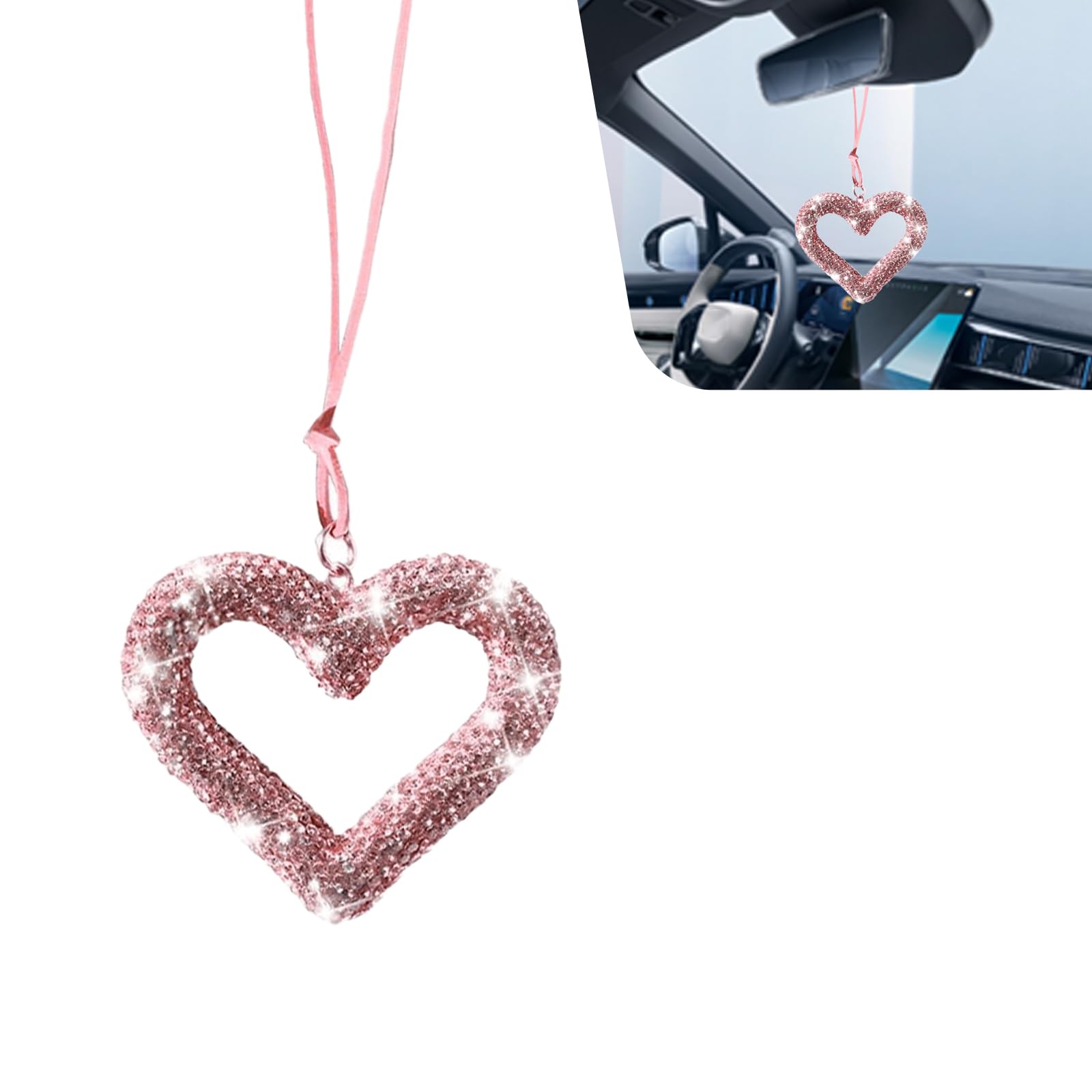 Pendentifs En Forme De Cœur à Strass Pour Rétroviseur - Lot De 2 (Noir Et Rose), Accessoire Déco Voiture Pour Femmes
