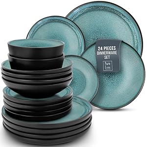 24 Piece Dinnerware Sets for 8 – Modern Style Stoneware Dinnerware Set – Scratch Resistant, Dishwasher Safe Plates and Bowls Sets Ceramic, Dish Set, Bowl and Plate Set – Black and Petrol Blue