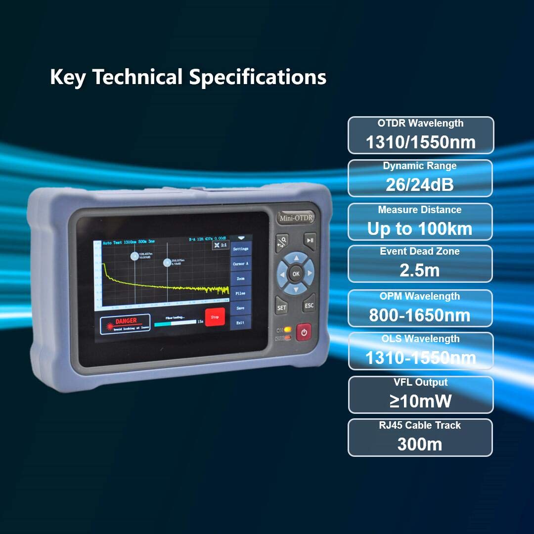 Mini OTDR Fiber Optic Tester 1310/1550nm 26/24dB SM - 4.3" Touchscreen Optical Time Domain Reflectometer, Built-in VFL OPM OLS Event Map, 11-in-1 Complete Test Kit for FTTH Networks