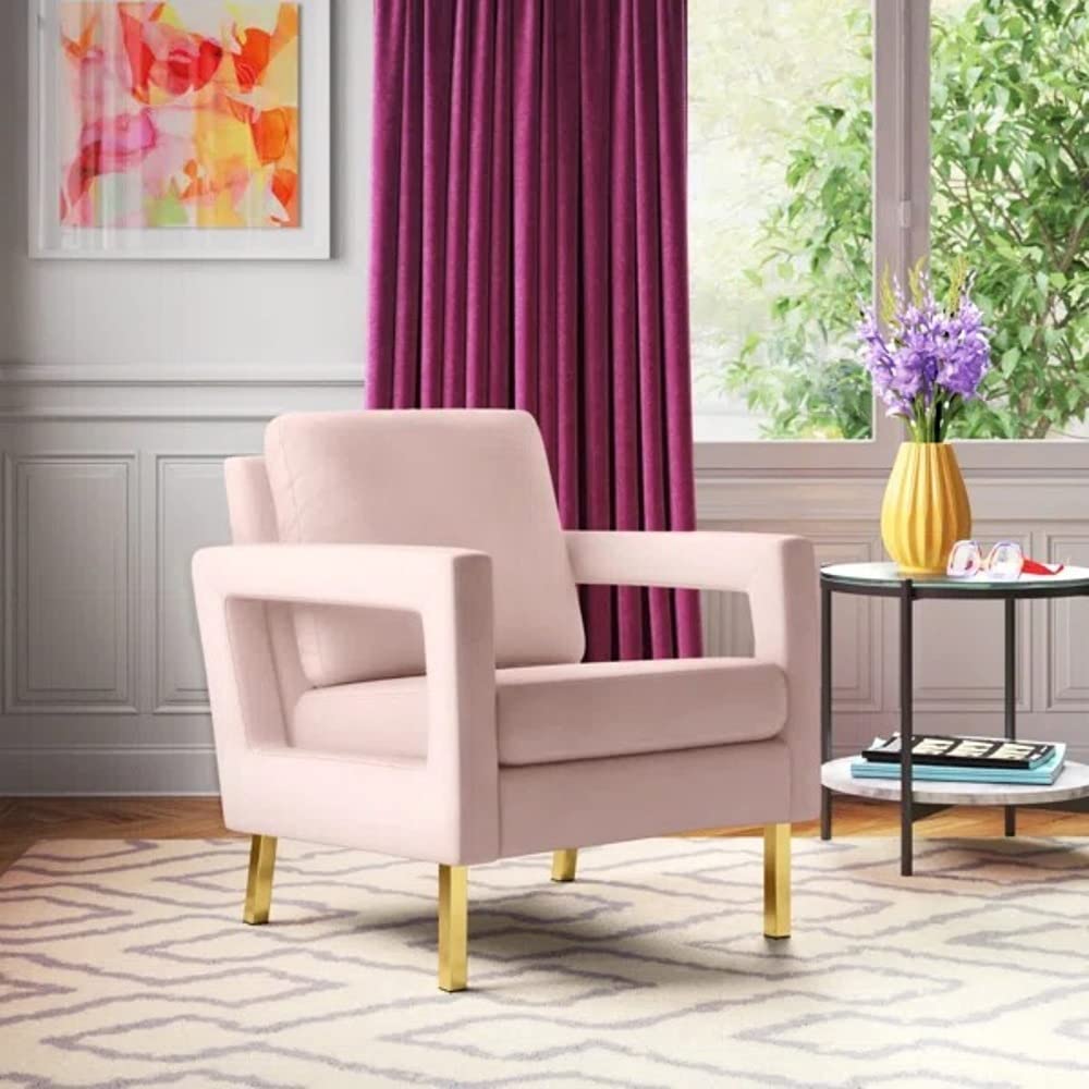 Distinctive 26.5" Wide Pink Velvet Lounge Chair Living Room Arm Chair,Open-Framed Square Arms,Pillow Seat Back Round |Accent Barrel Lounger Plush Stuffed| Gold-Finished Metal Legs Rich Luxe Look