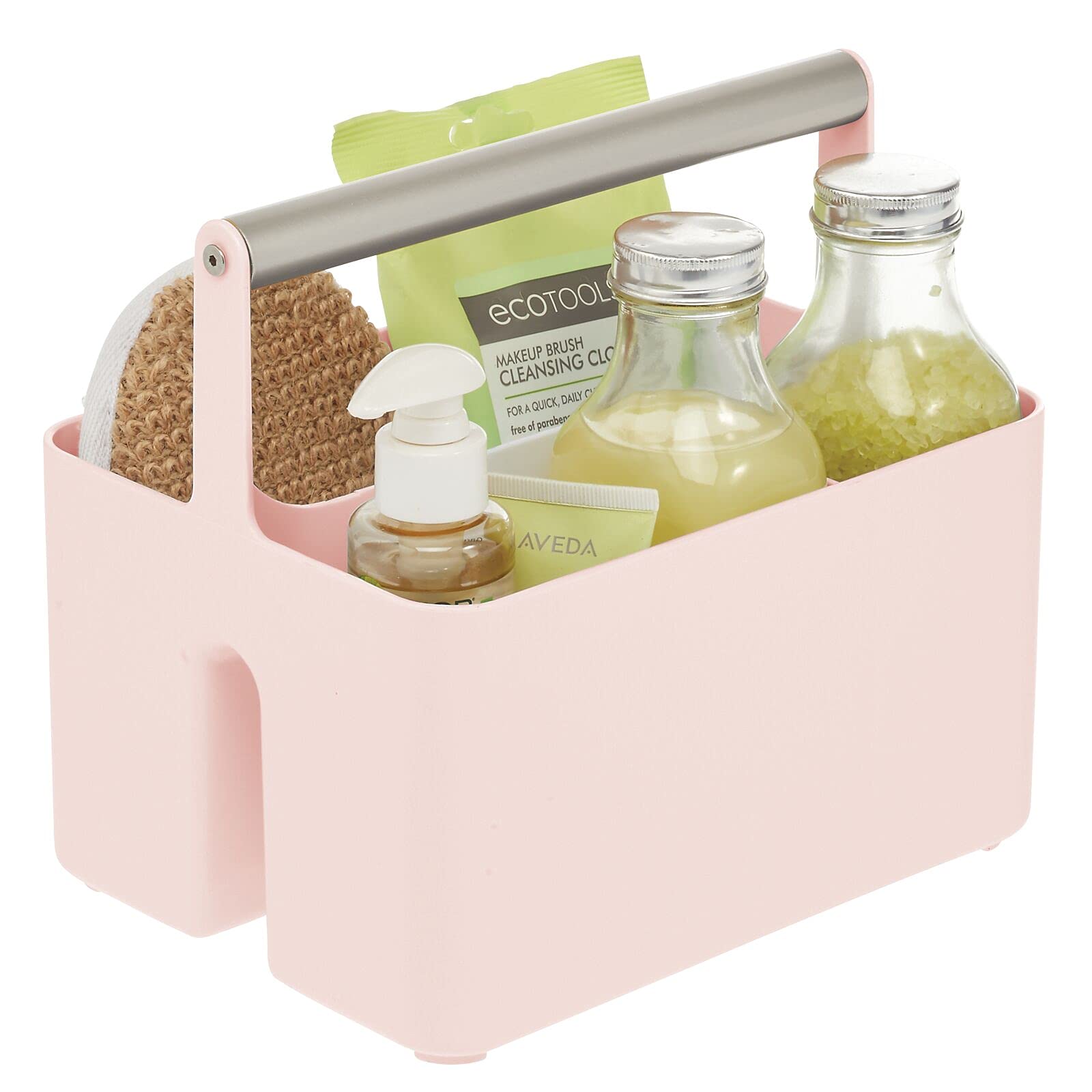 mDesignPlastic Shower Caddy Storage Organizer Utility Tote, Divided Basket Bin - Metal Handle for Bathroom, Dorm, Kitchen, Holds Soap, Shampoo, Conditioner - Aura Collection - Light Pink/Satin