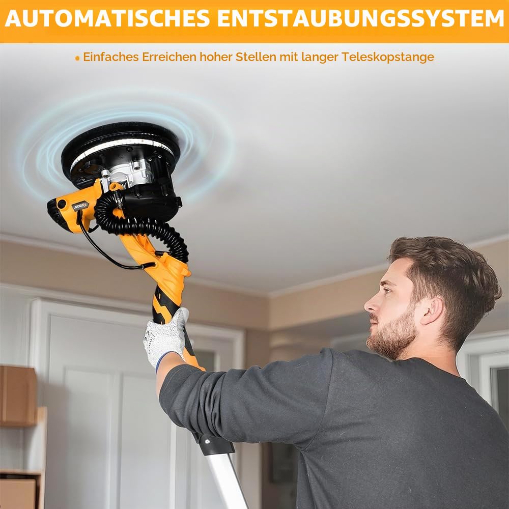 Hoteche 800W 225MM Trockenbauschleifer Wandschleifer mit Absaugung Langhalsschleifer 220-240V 50/60Hz 800-1800 rpm faltbarer verlängerbarer Griff LED Licht Selbstansaugend und Zubehör