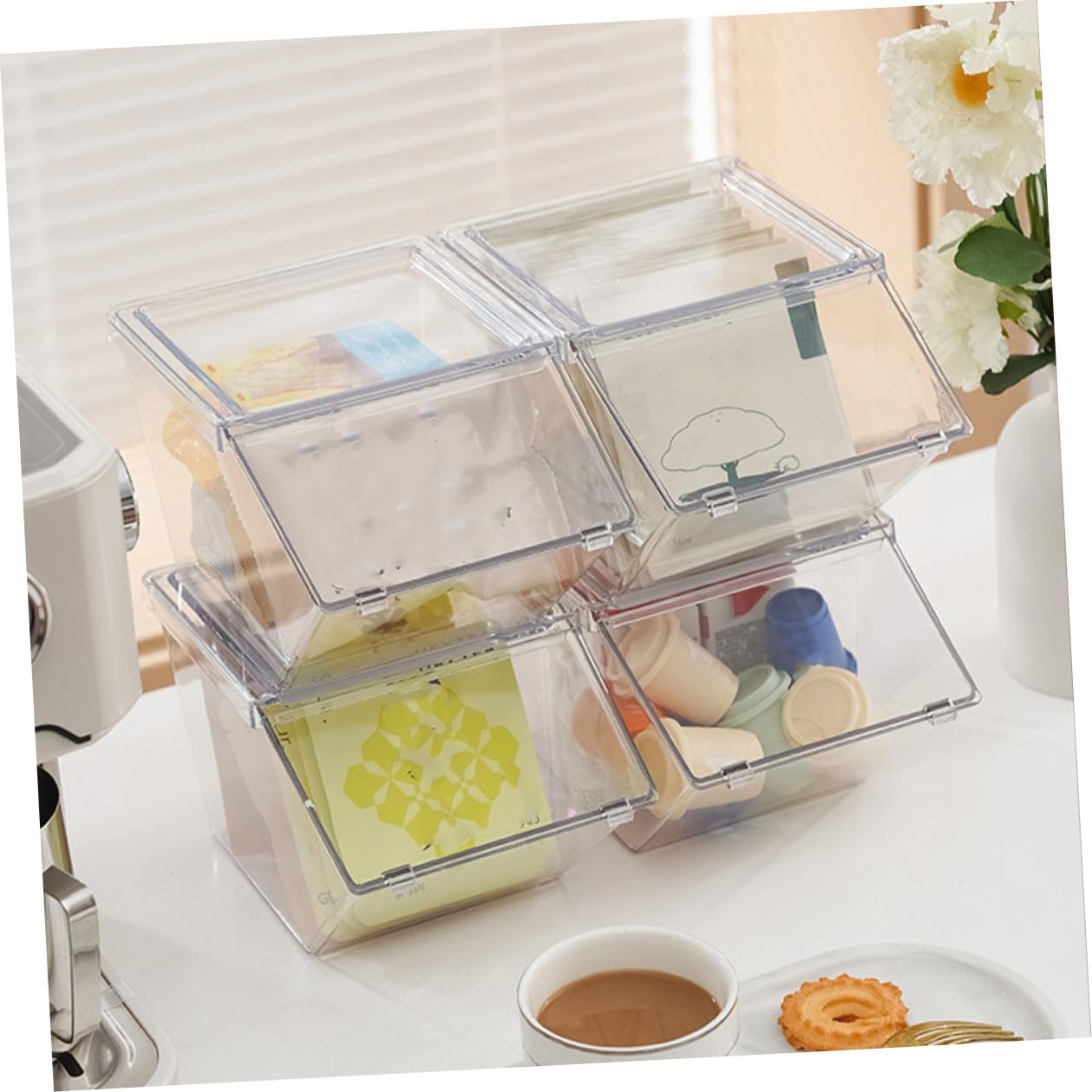 Gadpiparty 4 Stück Teiliges Acryl aufbewahrungsbox Deckel Stapelbare Teebeutel Zucker Kaffeepacket Organizer für Küche und Tisch Transparent Großzügiges Fassungsvermögen Langlebig und