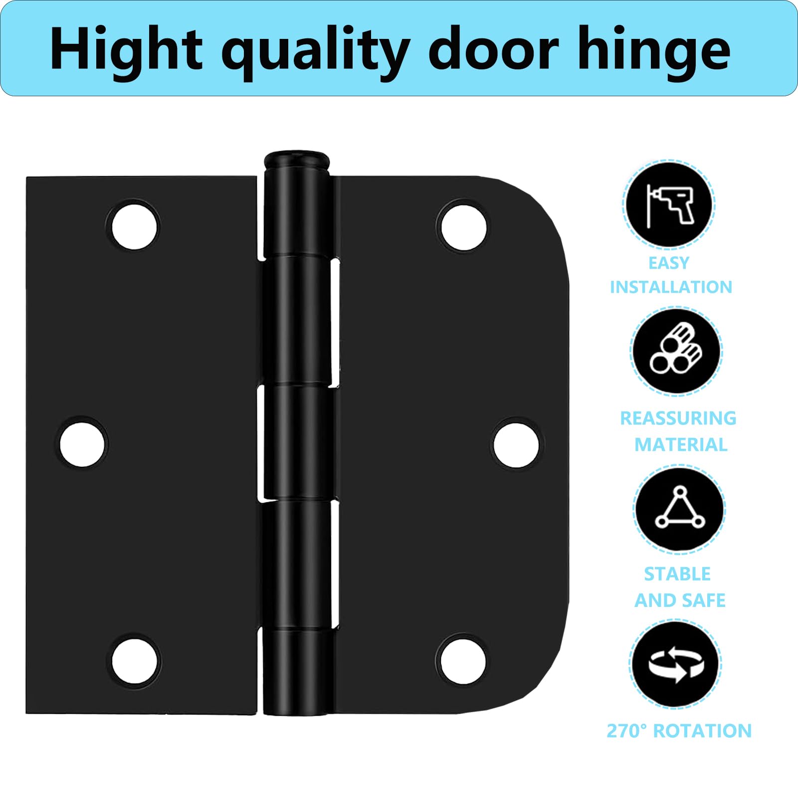 Matte Black Door Hinges,6 Pack Exterior Hinges Doors,3x3 Inch Black Interior Doors Hinge with Square & Round Corners Durable Steel Hinge Door Hardware - 4