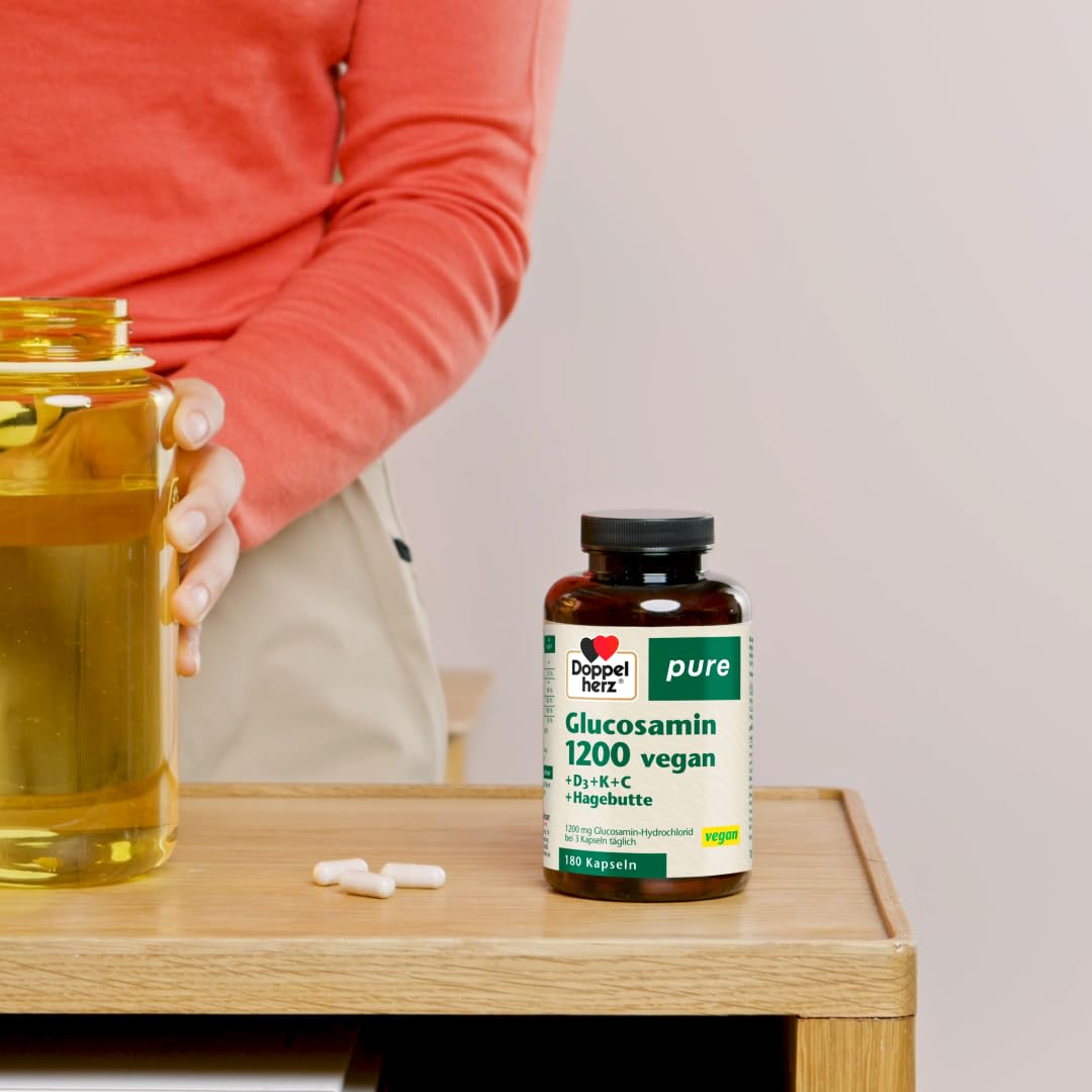 Doppelherz pure Glucosamin 1200 vegan - plus Hagebuttenextrakt, Vitamin D3 und K2, Kupfer und Calcium - 180 gelatinefreie Kapseln