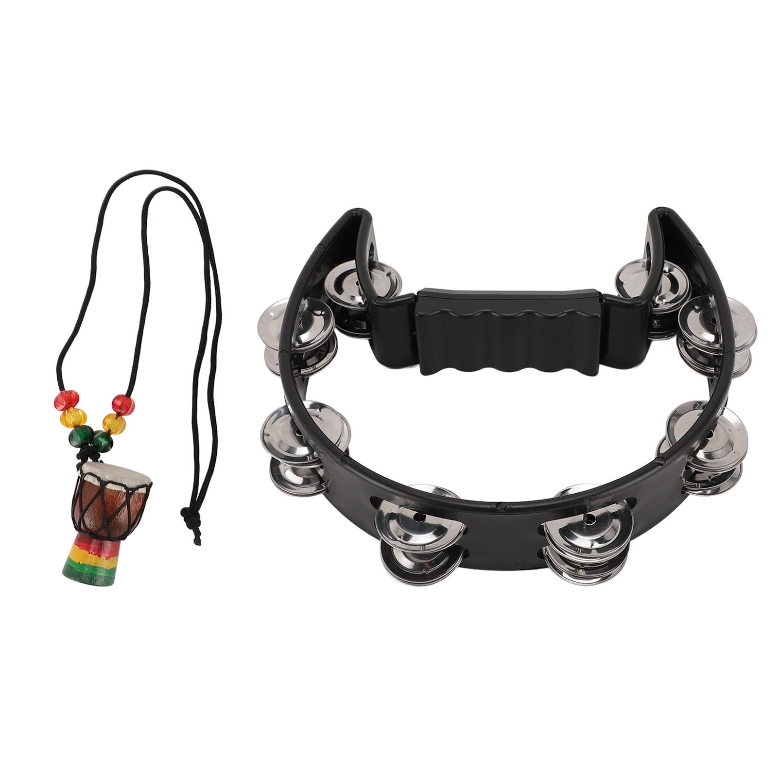 Handheld Tambourine with Metal Bells Half Moon Drum Black Hand Percussion Instrument for Party Dance Concert