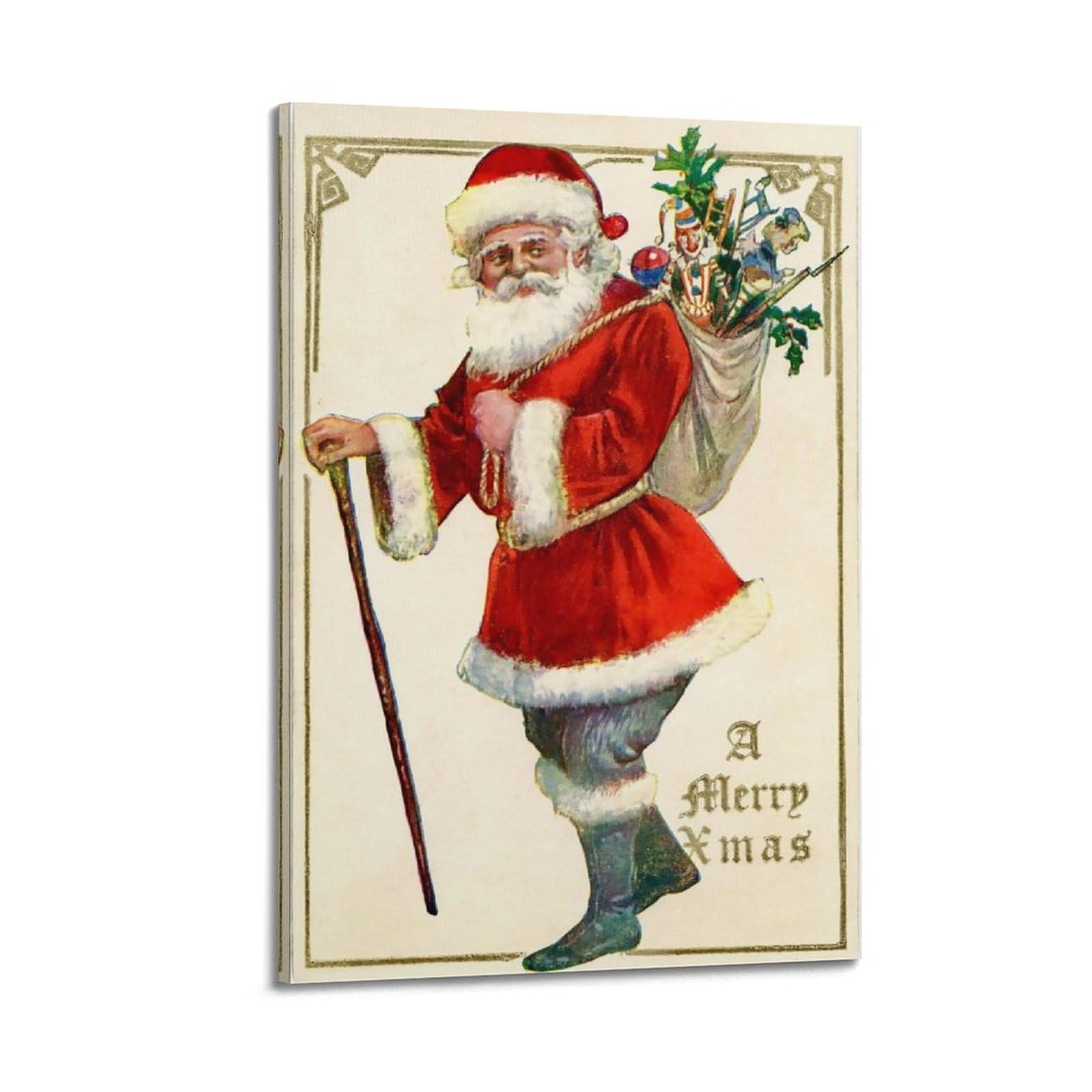 MITIN Poster de Noël vintage Père Noël portant des cadeaux sur toile Décoration murale et art photo pour chambre à coucher 60 x 90 cm