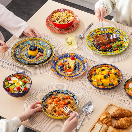 Image of vancasso 24 Pieces Plates and Bowls Set, Bohemian Style Dinnerware Sets Service for 6, Porcelain Boho Dishes Set for Kitchen, Housewaring Gift, Dishwasher and Microwave Safe, Series KRVI