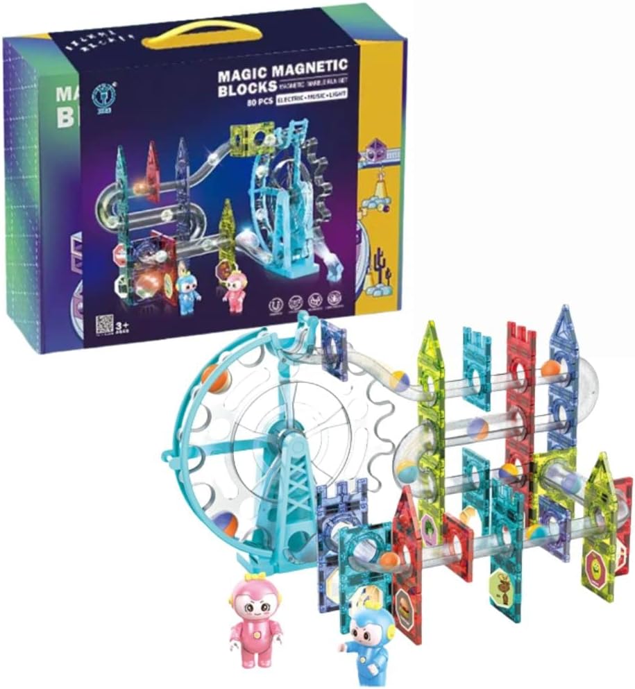 BLiSS HUES™ Light-Music-Electric Magnetic Tiles- Building Blocks for Kids (80 Pieces)| Light & Musical Ferris Wheel Marble Run | 3D STEAM Toys for Kids | Boys Girls