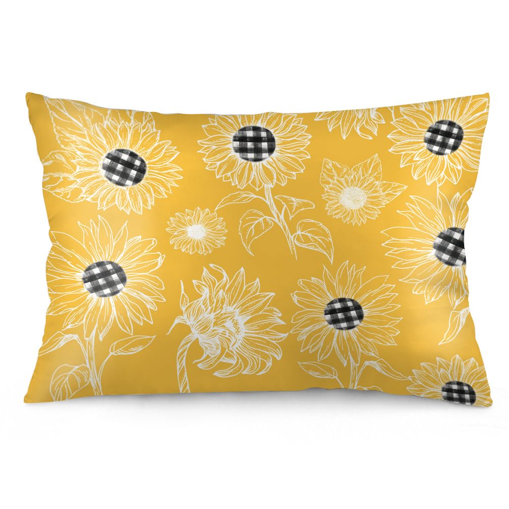 Easternproject Sunflower Decorative Floral Pillowcases King Size 20x36 Inch Yellow Bloom Black White Buffalo Plaid Bed Pillow Covers