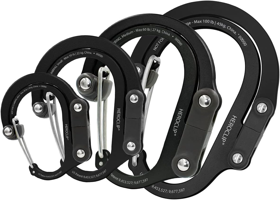HEROCLIP Medium - Carabiner Clip and Hook, Bag, Purse, Backpack Hanger, Baby Pushchair Hook, Keyring Carabiner and Multifunction for Camping, Fishing, Hiking Or Travel