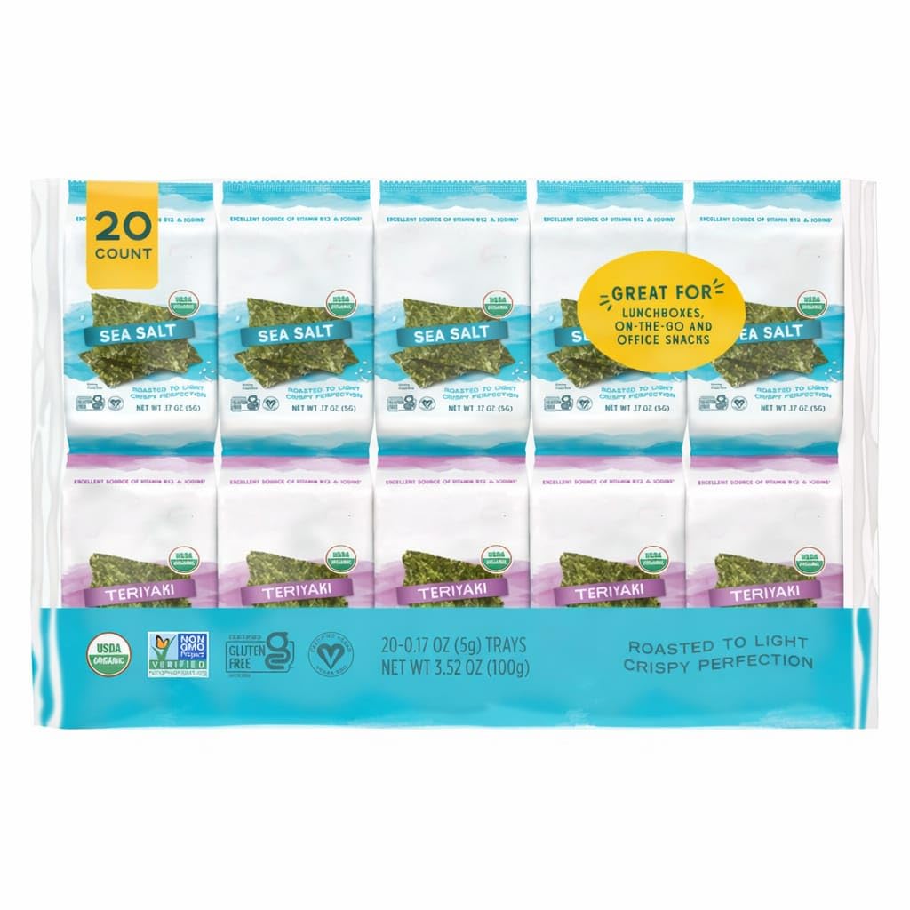 Organic Seaweed Variety Pack , Our original seaweed snack is made from premium organic seaweed, roasted to crispy perfection & seasoned with one of 2 savory flavors; Sea Salt & Teriyaki Flavors: 10 Teriyaki or 10 Sea Salt. [ 20-count × 0.17 oz ] Total 3.4 oz
