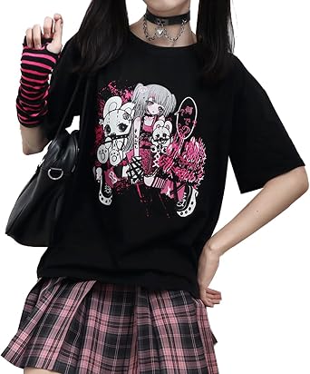 Harajuku Kawaii Gothic Crewneck Comic Print Dark Punk Girl T-Shirt | Cutecore, Vintage Casual Style, Streetwear, Athleisure, Cotton Materials, Loose Fit, Short Sleeve, For Women Daily Wear