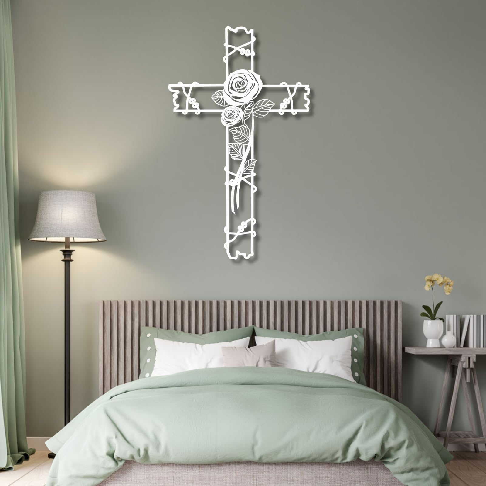 Metalowy czarny kwiatowy krzyż na ścianę, rustykalny metalowy religijny motyw ścienny, dekoracja kościoła, dekoracja salonu, sypialni, korytarza i schodów, naturalny wystrój domu (czarny, 48