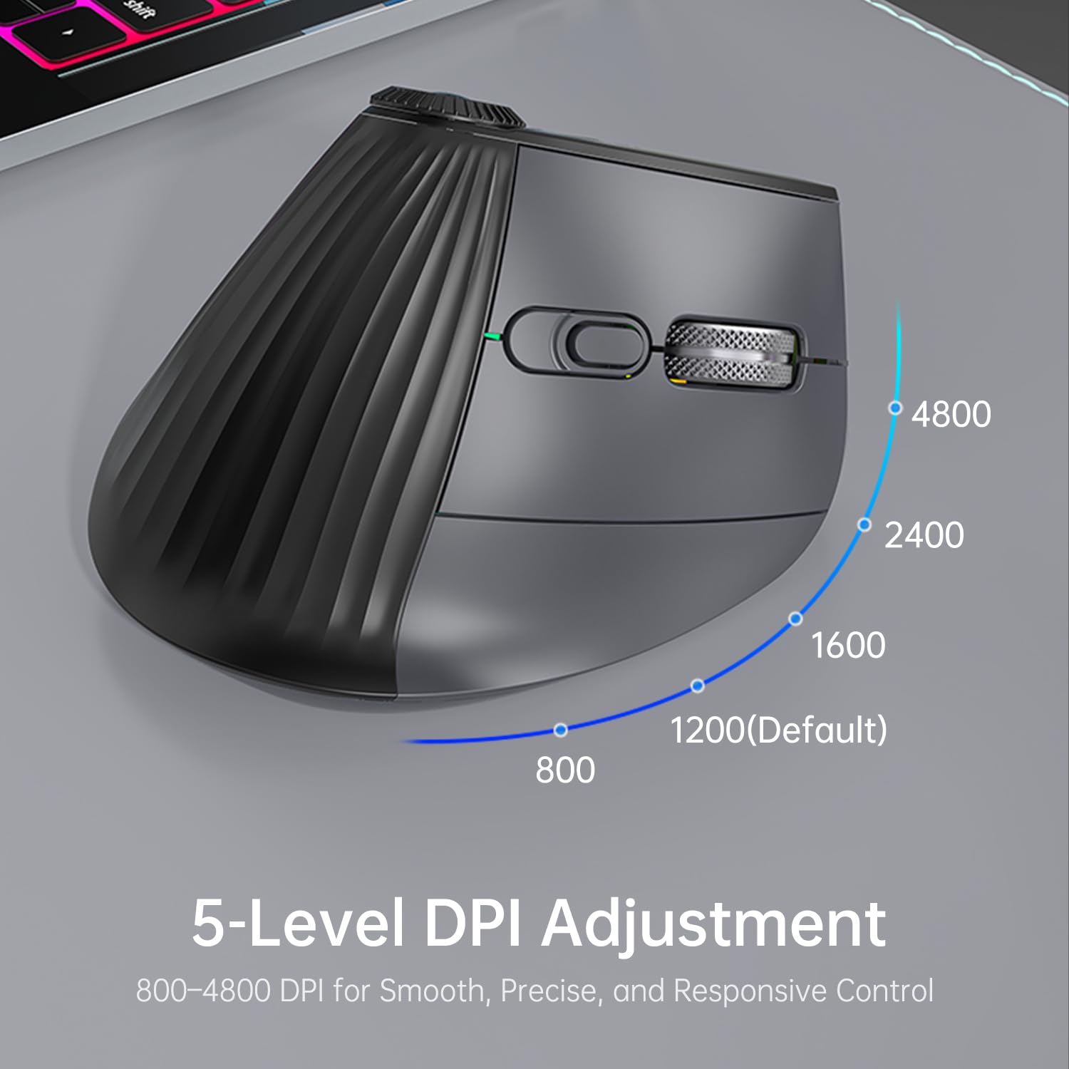 Mouse verticale ergonomico senza fili, ricaricabile Bluetooth ultraveloce scorrimento 4800 DPI, mouse Ergo 2.4G silenzioso clic 6 pulsanti mouse ottici RGB, 3 connettività multi-dispositivo