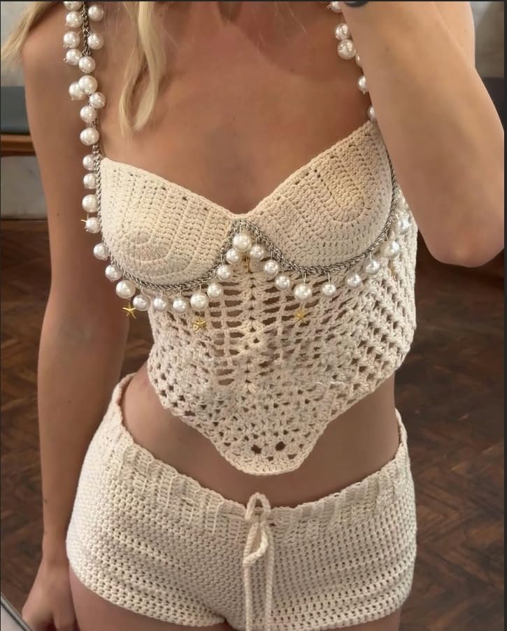 Women's Sexy Pearl Crochet Crop Tops Hollow Out Strapless Cami Summer Beach Halter3