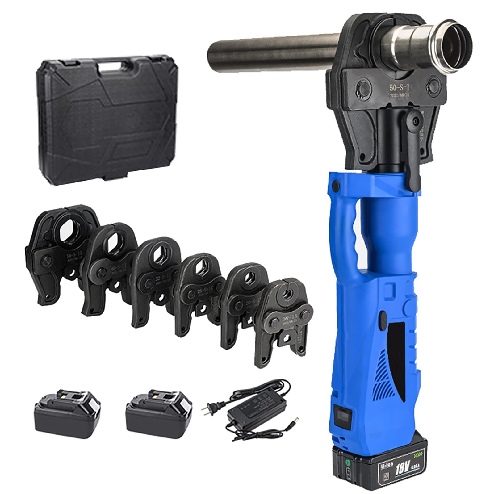 Herramienta de Prensado Hidráulico de Tubos Portátil con Batería, Mini Prensa de Tubos de Acero Inoxidable con 3 Mordazas/Luz LED/2 Baterías, Kit de Herramientas para Fontanería Series1