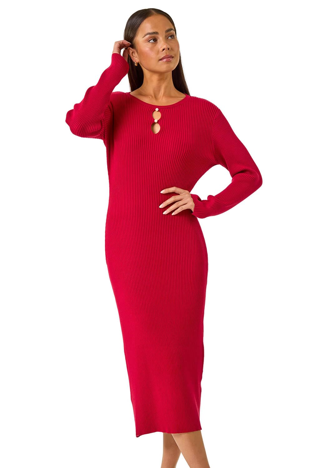 Roman Petite Faux Pearl Knitted Midi Dress for Women UK - Ladies Everyday Autumn Winter Round Neckline Comfy Soft Evening Vacation Work Party Night Out - Petite Red - Size 14