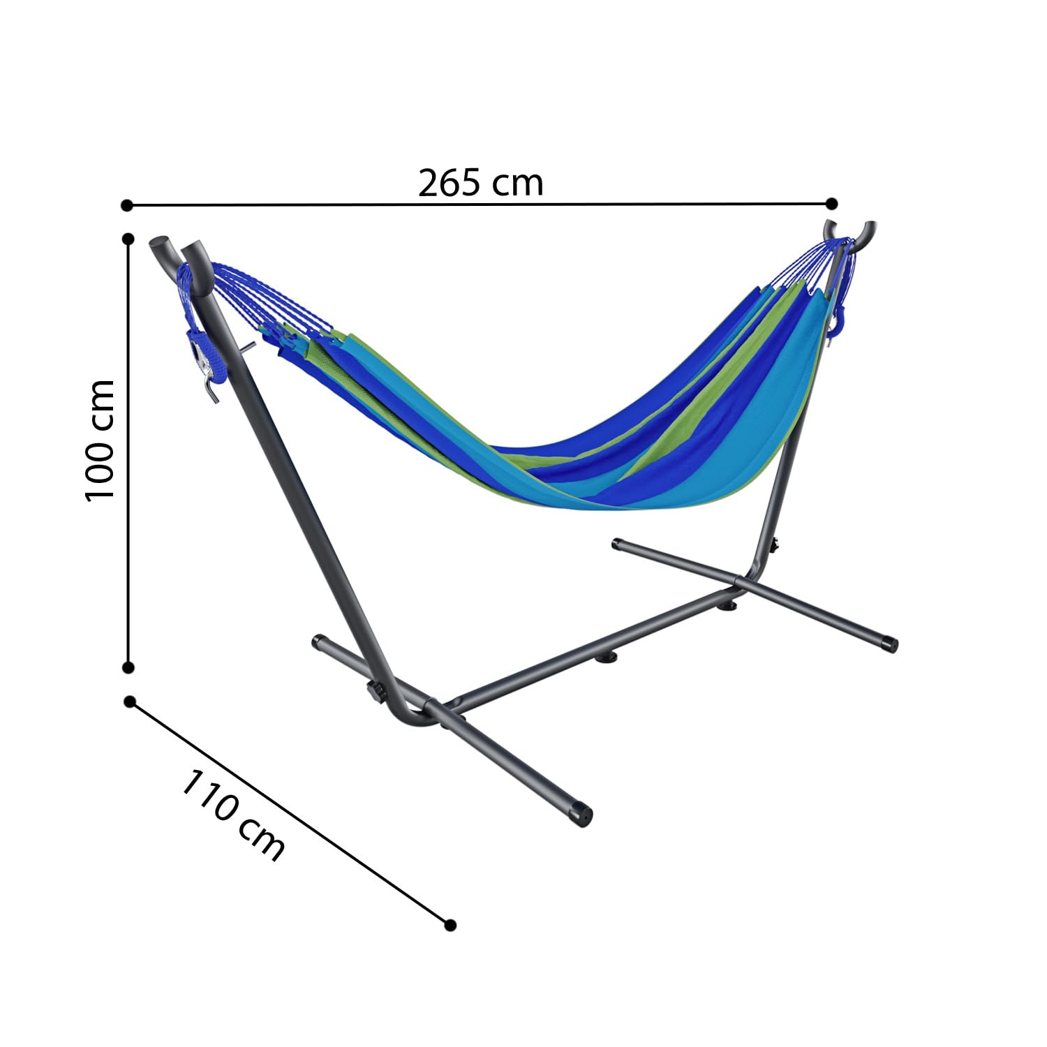 BRICOZONE Amaca con Supporto Brasiliana Tessuto Cotone 250 cm Portata 200 kg Autoportante Struttura di sostegno in Acciaio Borsa Custodia Trasporto Inclusa Spiaggia Campeggio Terrazzo Balcone (Blu)