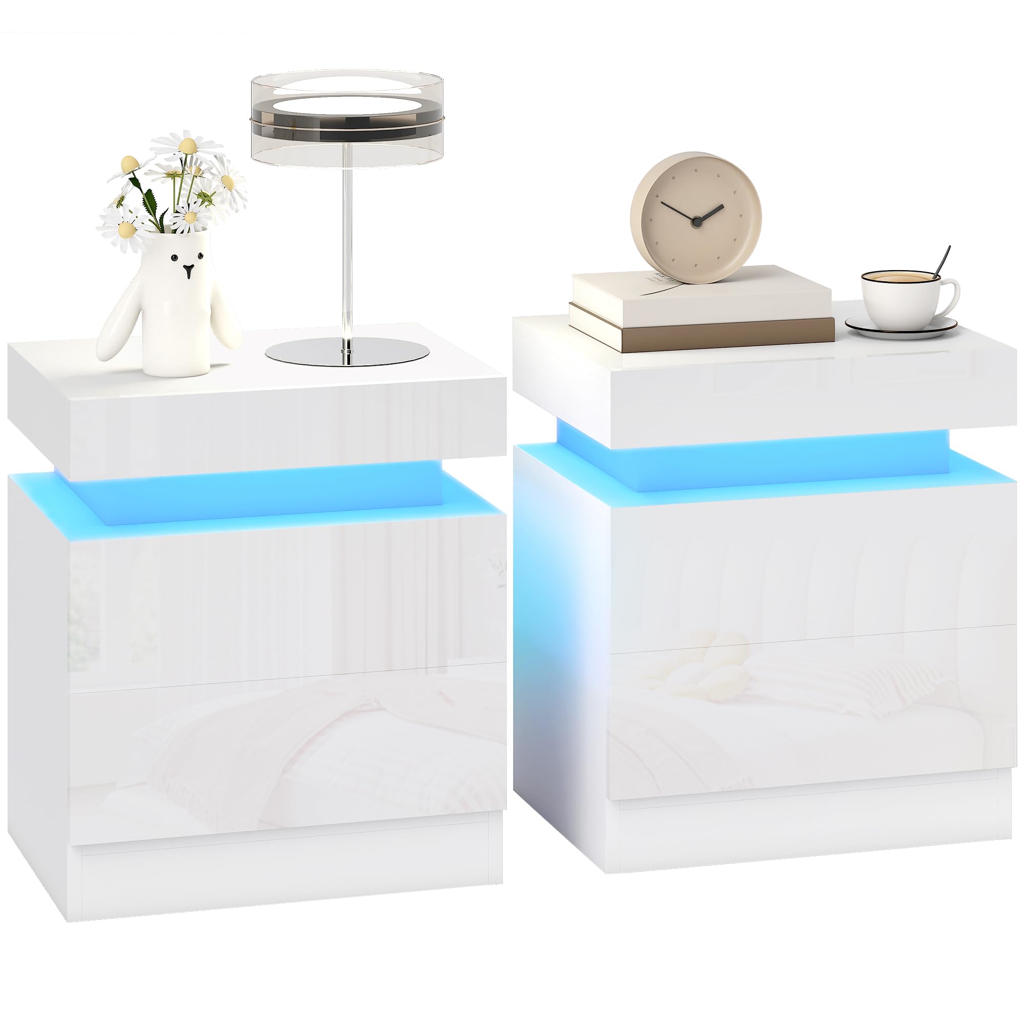 HOMCOM High Gloss Front Bedside Table APP Control RGB LED Set of 2 White