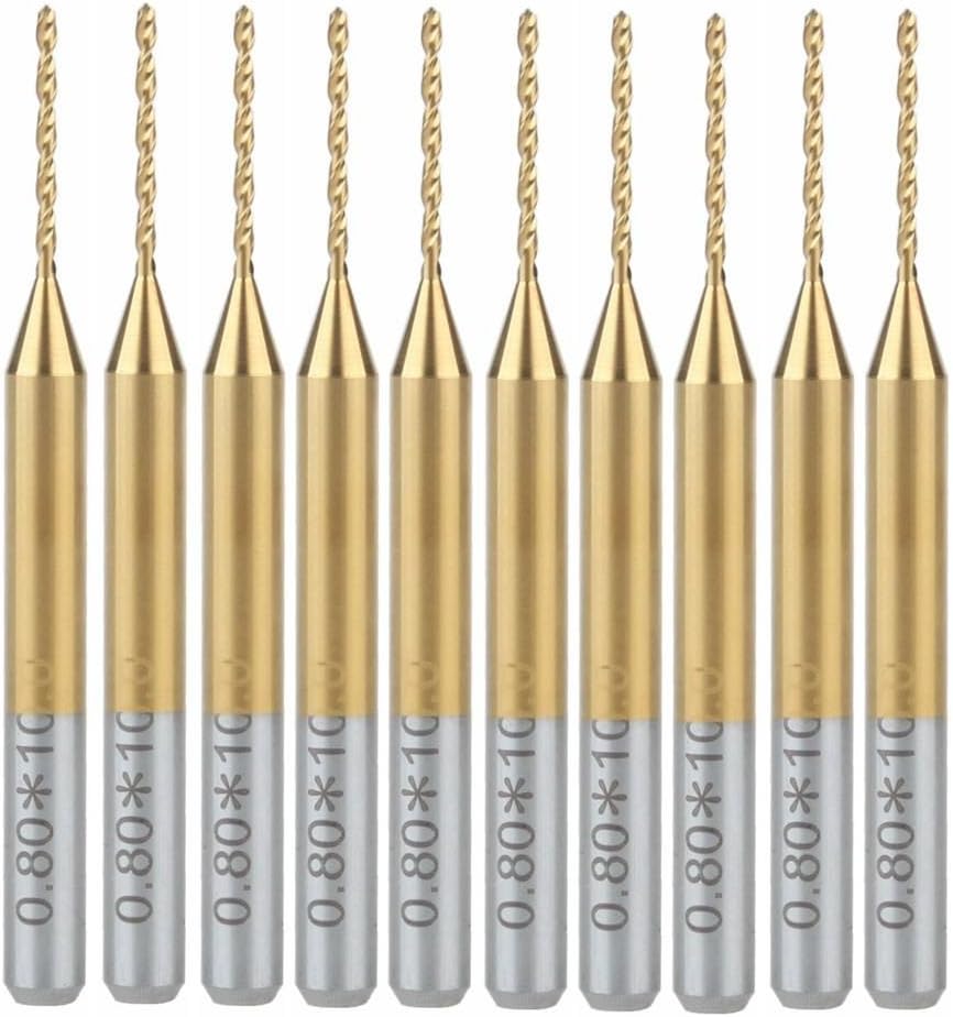 HOZLY 1/8 Shank Titanium Nitride Coated Carbide PCB CNC Drill Bits Router 0.8mm Cuting Dia for Print Circuit Board Pack of 10
