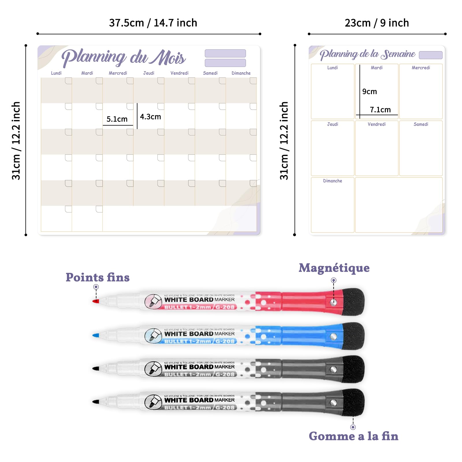 Tableaux Blancs Calendrier Effaçable à Sec Lot de 2 – Mensuel + Semainier avec 4 Marqueurs – Adhésif Non Magnétique pour Réfrigérateur Inox, Mur, Verre, Bois