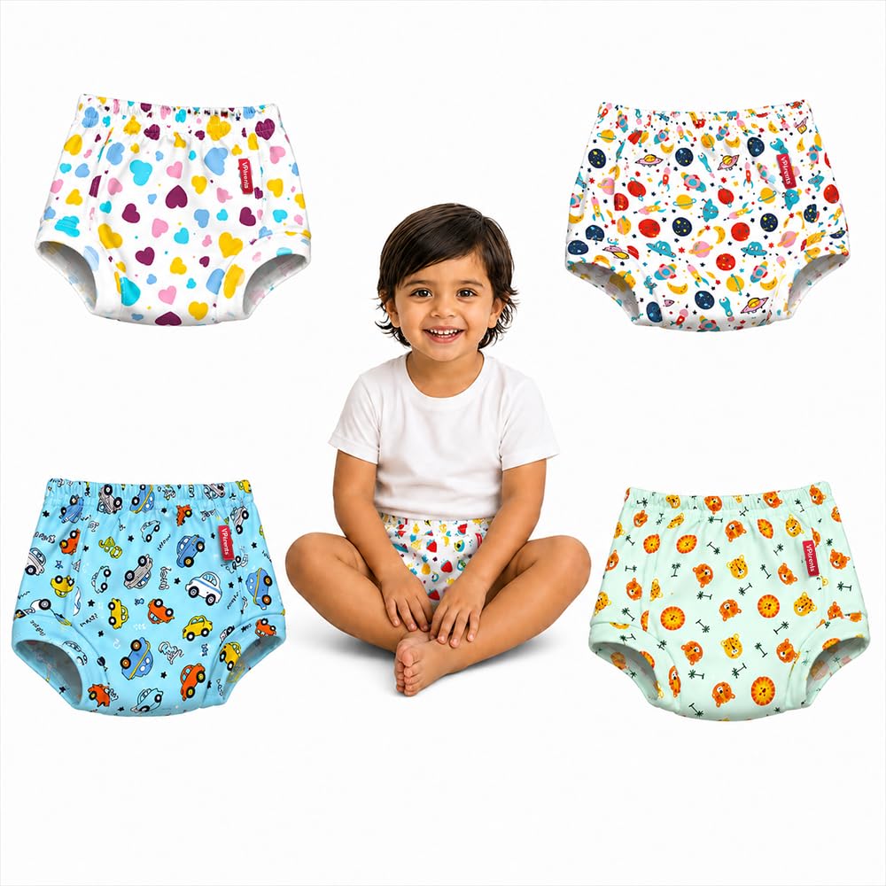 VParents Padded Underwear for Babies and Toddlers with 3 Layers of Cotton Padding Potty Training Pull Up & Diaper-Free Time Pack of 4 (1-2 years) Lion car Heart Galaxy-picture-27