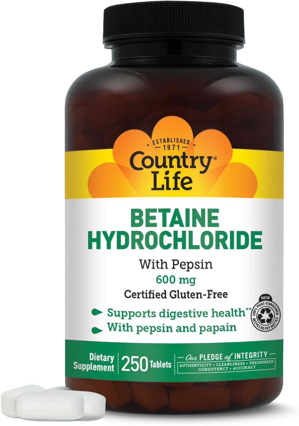 Country Life Betaine Hydrochloride 600 Mg Pepsin, 250-Count