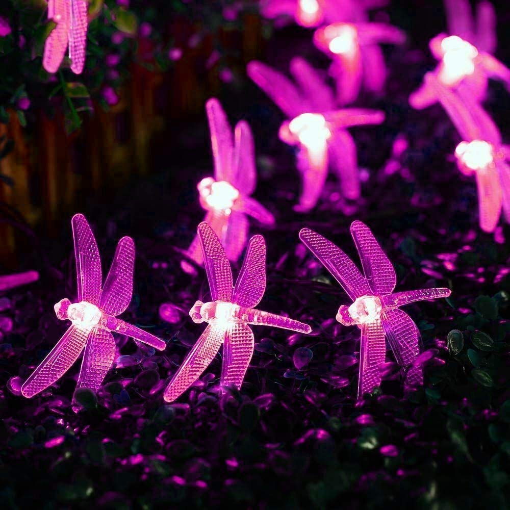 ANTM Dragonfly Solar String Lights, Dragonfly Lights 6M 30 LED Dragonfly Outdoor Lights Waterproof for Garden (Pink)