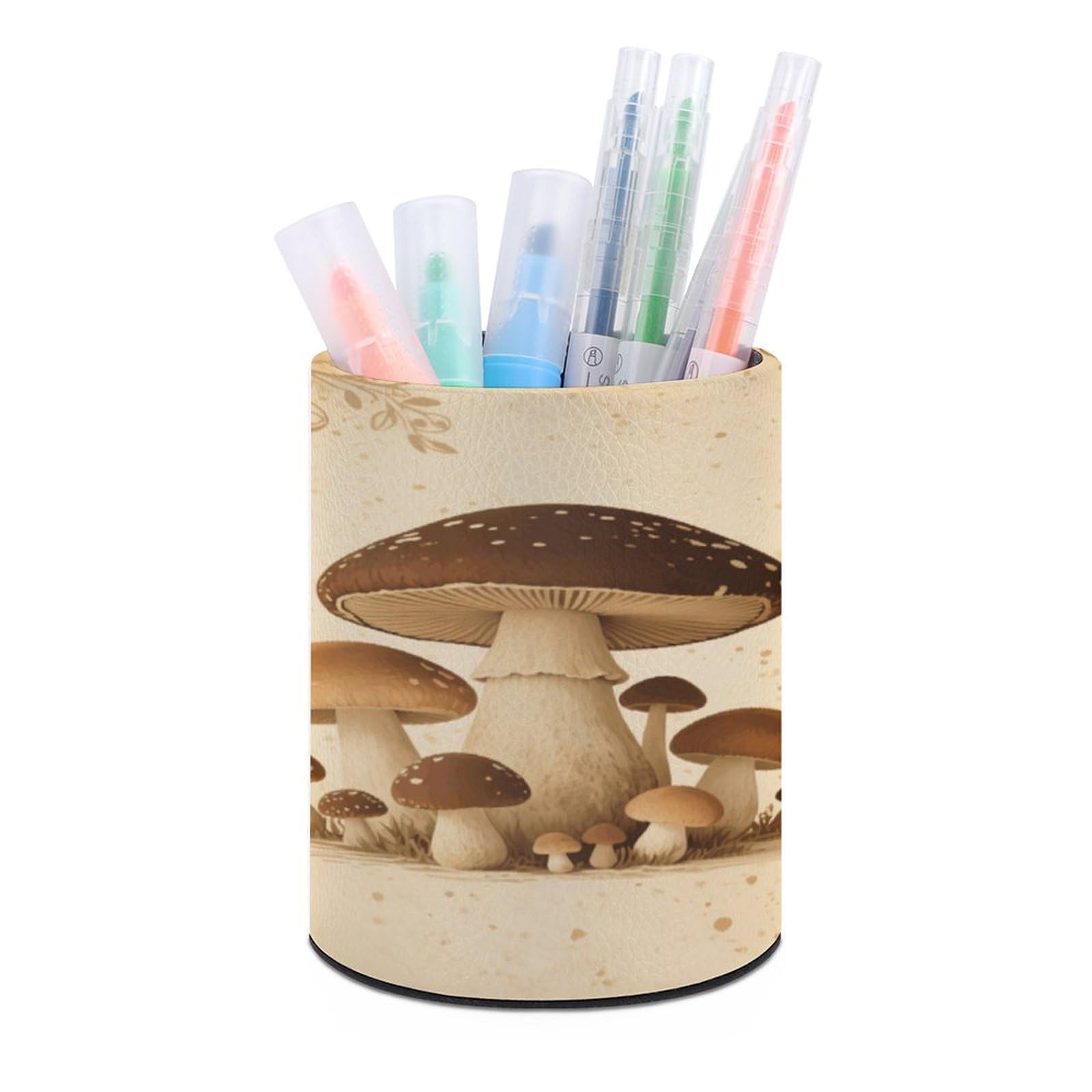 VstaDank Vintage Mushroom Pen Holder PU Leather Pencil Cup Minimalist Desk Pencil Holder Round Make Up Brush Organizers For Office Dorm Room&Vanity Desk Accessories