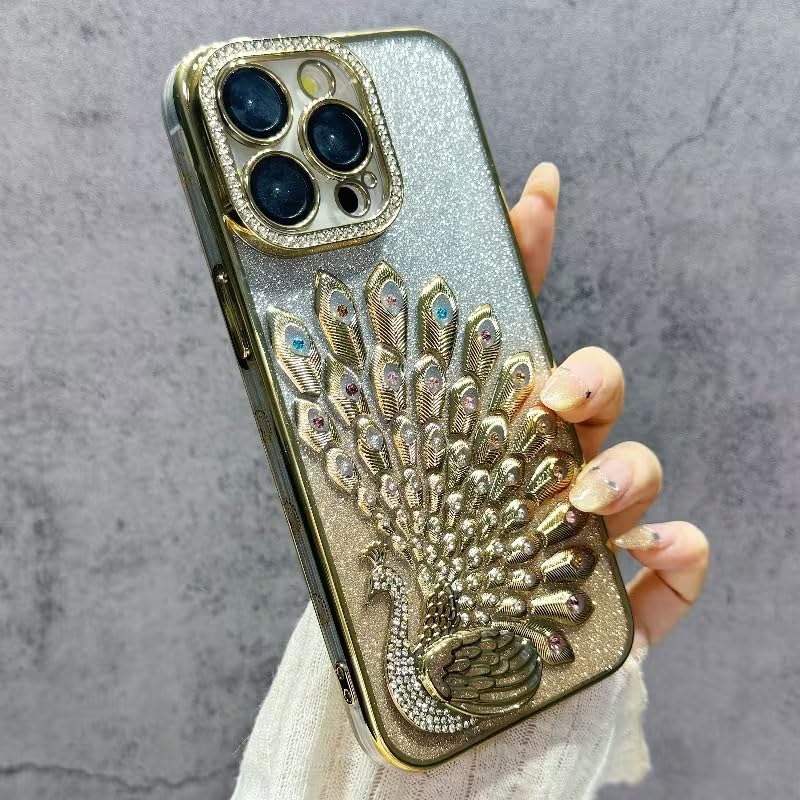 Image of mobistyle Case for iPhone 15 Pro,3D Diamond Luxury Electroplate Glitter Peacock Tail Bling Design Camera Protection Shockproof Phone Case for (Gold, iPhone 15 Pro)