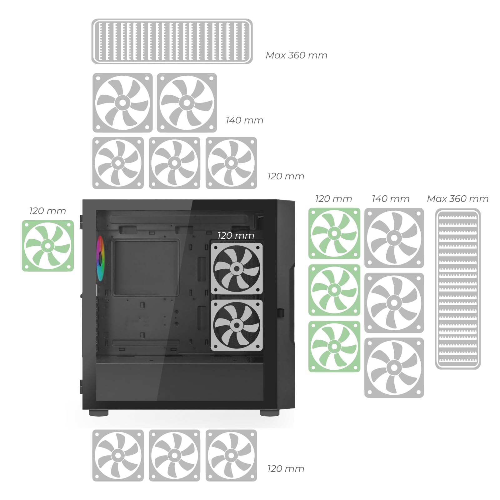 Noua Smash SK100, obudowa PC do gier ARGB Mid-Tower E-ATX, 4 wentylatory PWM ARGB 120 mm, obsługuje grzejniki 360 mm, panel przedni i panel boczny ze szkła hartowanego