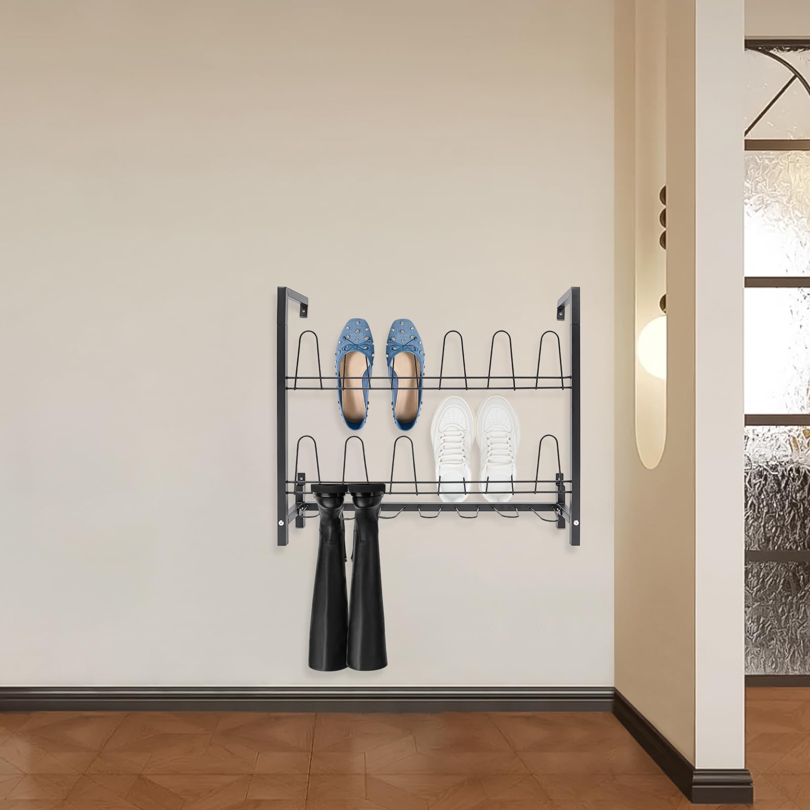 Philipreba 3 Tiers Metal Hanging Shoe Rack with 18 Hooks, Space-Saving Shoe Storage Shelf, Wall Mounted Shoe Organizer Tower for Entryway, Home, Retail Stores (Black)