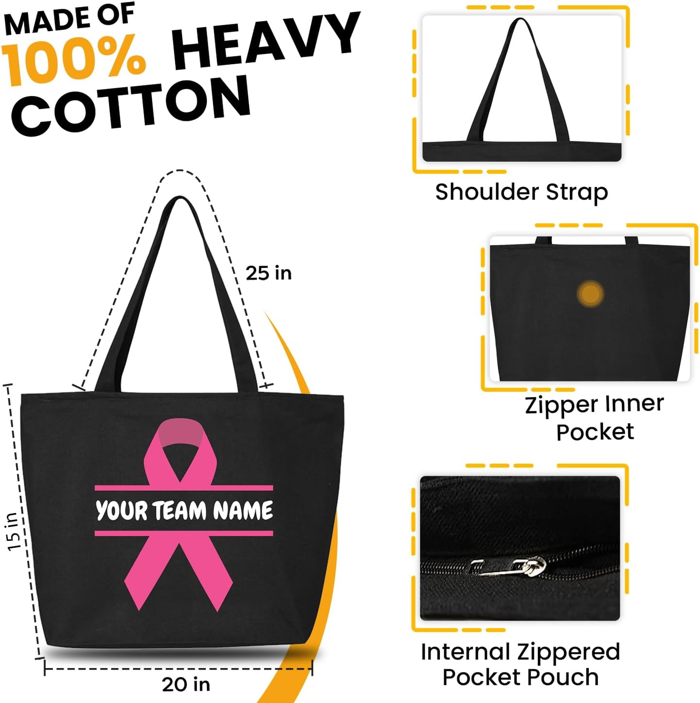 Custom Team Name Breast Cancer Ribbon Canvas Tote Bag With Zipper Black image 3