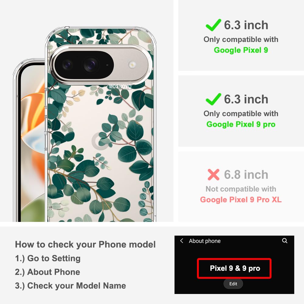 MOSNOVO Case for Google Pixel 9 & Pixel 9 Pro, [Buffertech 6.6ft Military-Grade Drop Protection] [Anti Peel Off Tech] Clear TPU Bumper Phone Case Cover Design - Eucalyptus - 2