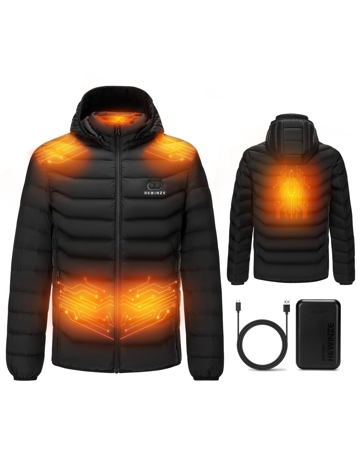HEWINZE Veste chauffante pour Homme avec Capuche, Doudoune Chaude pour Homme avec Batterie 7,4 V, Veste d'hiver à Double Commande pour randonnée en Plein air Chasse Moto Camping