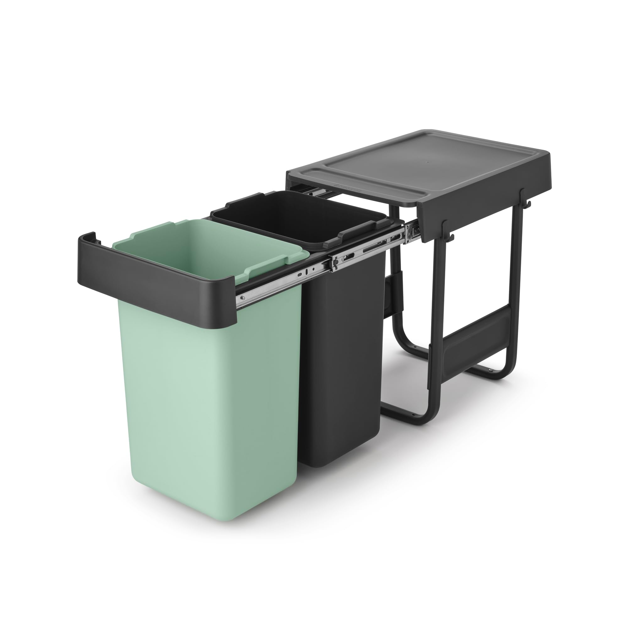 Brabantia Sort & Go Ausziehmülleimer | 2 x 15 l Einbaumülleimer für die Unterschranktür | Integrierte Doppel-Mülltrennungseinheit, leichtgängige Schiene, herausnehmbarer Inneneimer | Grey & Green