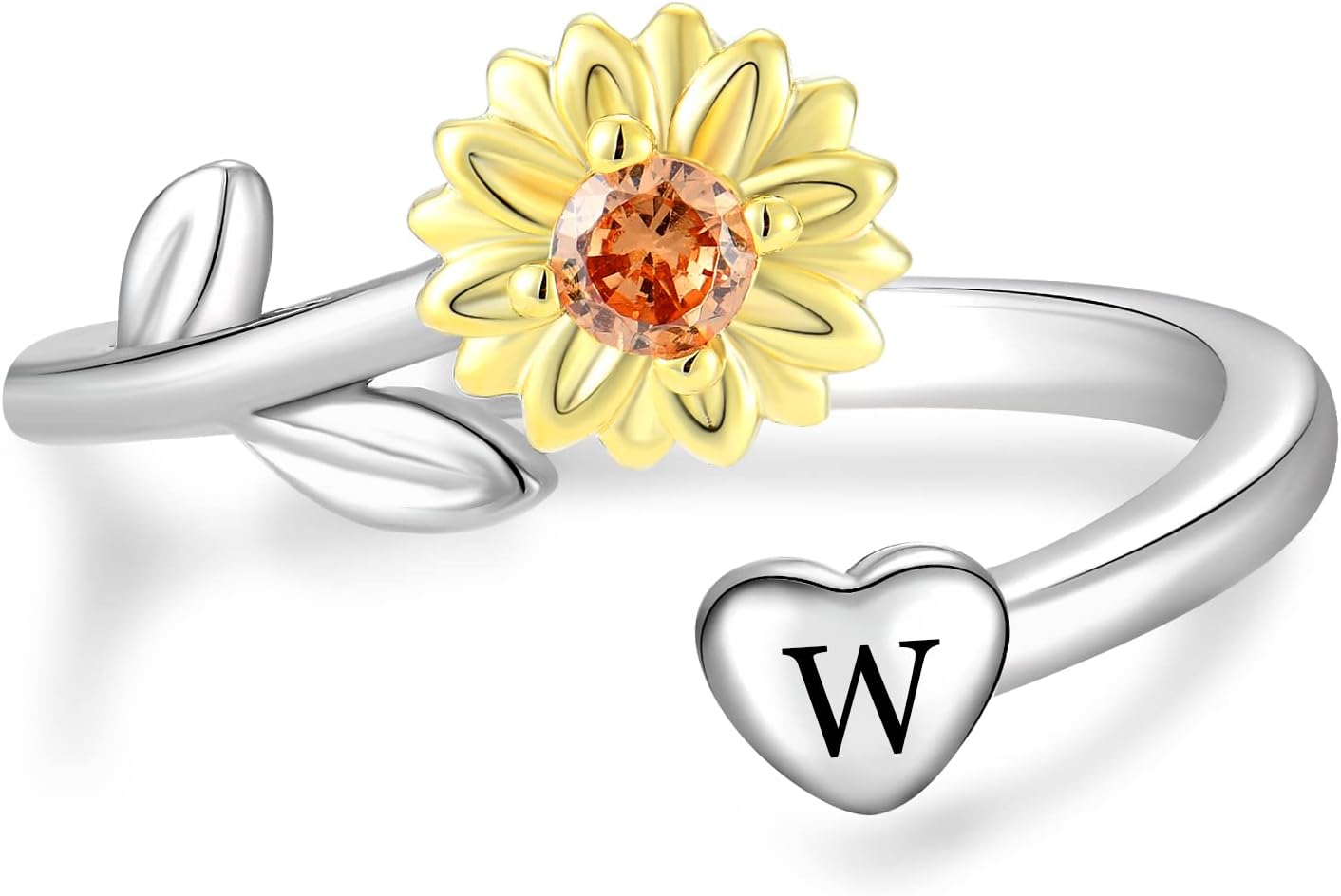 STARCHENIE Sunflower Initial Ring for Women 925 Sterling Silver Letters A-Z 26 Alphabet Adjustable Ring Size 7