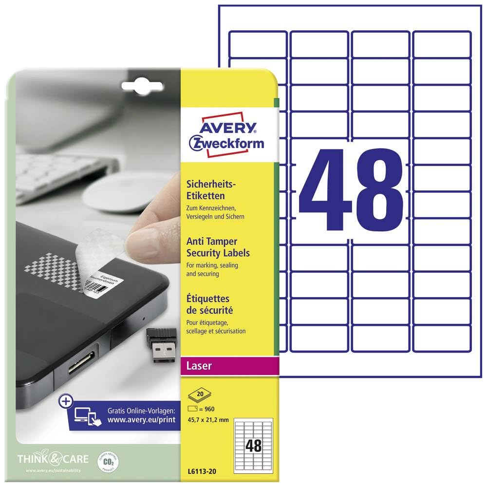 Avery Zweckform L6113-20 Anti-Tamper Security Labels 20 Sheets / 960 Labels / 45.7 x 21.2 mm White