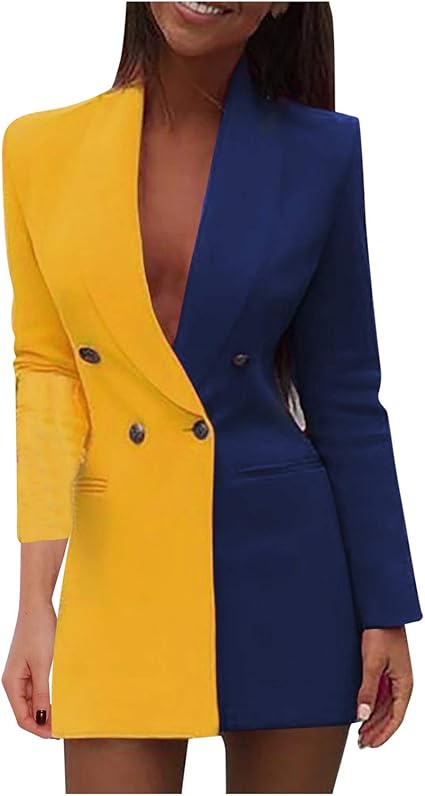 Amazon カラーブロックスリーブスーツロングパッチワークvコートファッション女性のネックドレス女性のコート トレンチコート レディース ベージュ Yellow Xl ノーブランド品 デジタルフォトフレーム