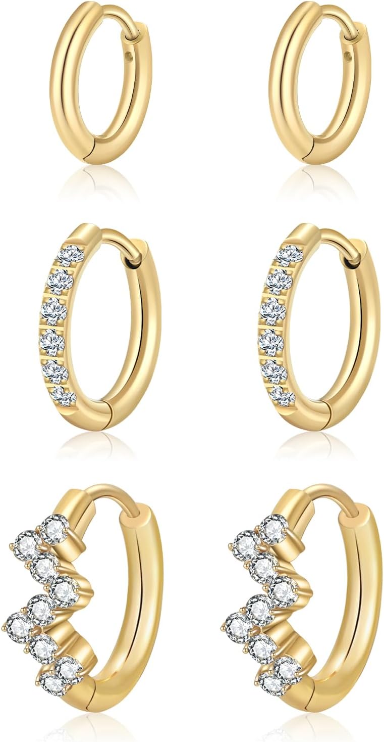 Surgical Steel Huggie Hoop Earrings Set for Multiple Piercing,Hypoallergenic CZ Small Earrings for Women Waterproof and Non Tarnish - Image 6